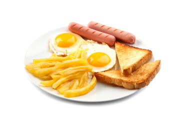 Tasty breakfast with fried eggs on white background