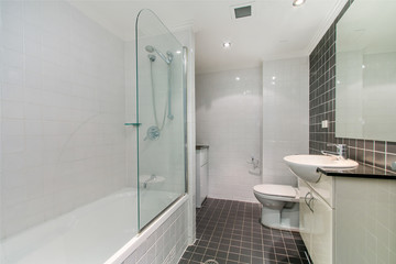A modern bathroom with a shower area and a bathtub including a wall mirror