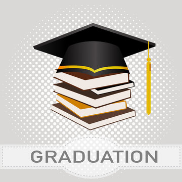 black silhouette graduation cap with stacked books and graduation text on halftone background. vector illustration.