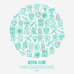 Dental clinic concept in circle with thin line icons related to teeth treatment, dental equipment, oral hygiene. Vector illustration for web page, banner, print media.