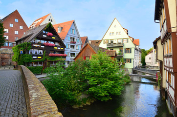 Ulm, Germany - 28th July, 2017: View of historic town Fischerviertel in Ulm