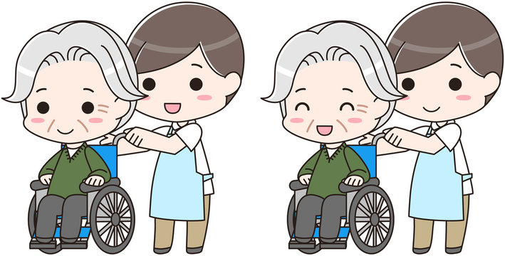 老人 高齢者 車椅子 介護士 看護師 笑顔 イラスト