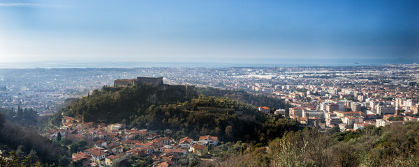 Obraz premium Massa. View of Malaspina Castle. In the background the Tyrrhenian Sea. Massa - Tuscany - Italy.