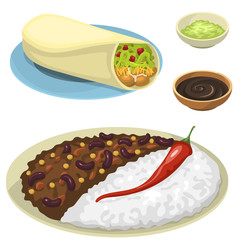 Mexican traditional food meal plates isolated lunch sauce mexico cuisine vector illustration