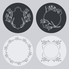 Set of silhouette round frames with floral elements. Design element for logo, banners, labels, prints, posters, web, presentation, invitations, weddings, greeting cards, albums. Vector clip art.