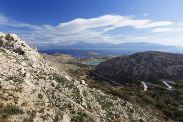 Fototapeta na wymiar View of Rhodes from Halki island in Dodecanese archipelago, Greece. 