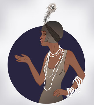 Retro fashion: glamour girl of twenties (African American woman). Vector illustration. Flapper  20's style. Vintage party invitation design template.