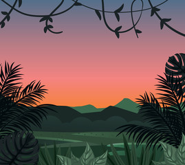 Tropical vector landscape with tropical leaves. Illustration