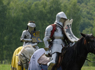 Medieval knight in armor on horseback