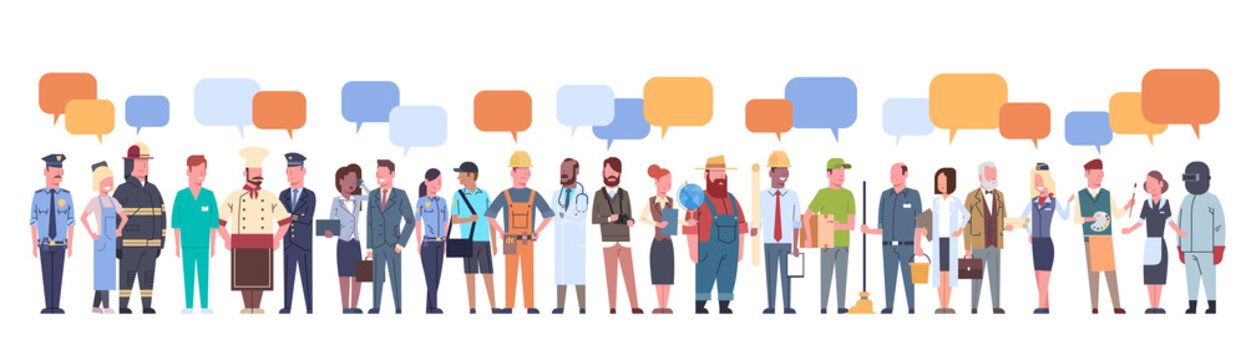 People Group With Chat Bubble Different Occupation Set Workers Profession Collection Flat Vector Illustration