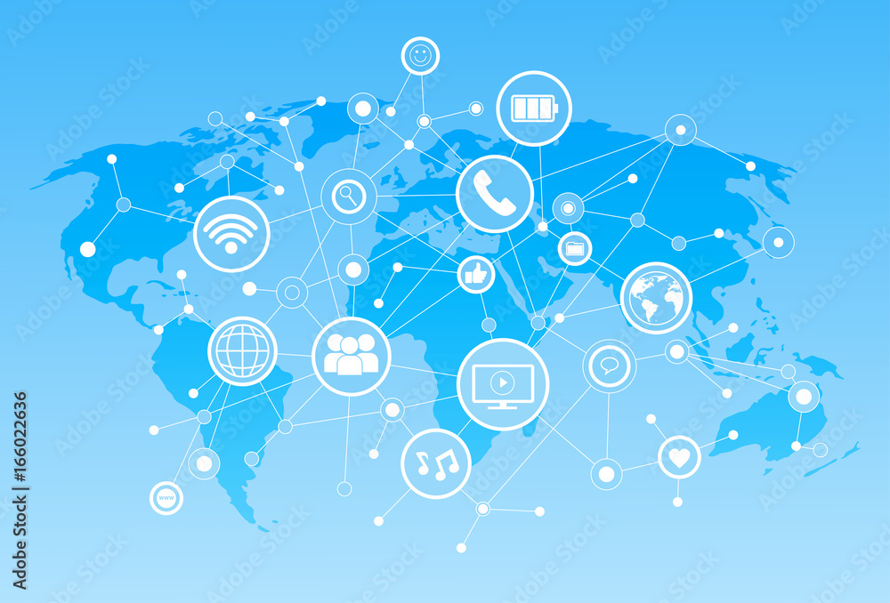 Poster social media icons over world map background network communication connection concept vector illustr