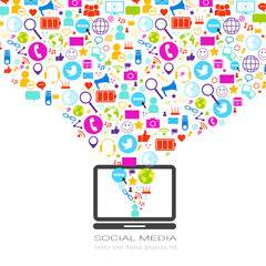 Laptop Computer With Social Media Icons On White Background Network Communication Concept Vector Illustration