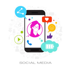 Female Profile On Cell Smart Phone Screen With Social Media Icons Network Communication Concept Vector Illustration