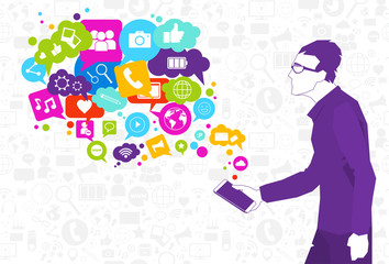 Man Hold Cell Smart Phone With Chat Bubble Of Social Media Icons Network Communication Concept Vector Illustration