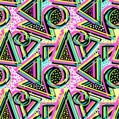 Papier Peint photo autocollant Style Memphis Arrière-plan transparent de triangles géométriques abstraits. Couleurs néon de style Memphis.