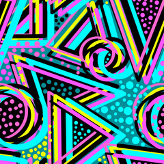 Abstract geometric triangles seamless background.Memphis style neon colors.