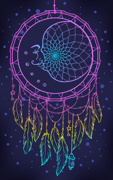  Hand drawn Native American Indian talisman dreamcatcher with feathers, moon. Vector hipster illustration isolated on white. Ethnic design, boho chic, Blackwork tattoo flash.