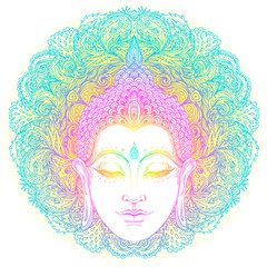 Buddha face over ornate mandala round pattern. Esoteric vintage vector illustration. Indian, Buddhism, spiritual art. Hippie tattoo, spirituality, Thai god, yoga zen