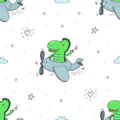 Cute hand drawn pattern with Cartoon dragons in airplane. vector illustration