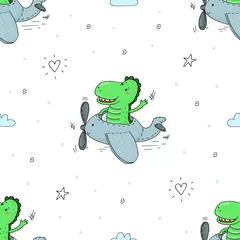 Wallpaper murals Animals in transport Cute hand drawn pattern with Cartoon dragons in airplane. vector illustration