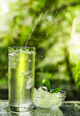 Cool fresh water with ice and mint. Splash in glass. Healthy life concept