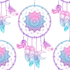 Wallpaper murals Dream catcher Hand drawn Native American Indian talisman dreamcatcher with feathers and moon. Seamless pattern. Vector hipster illustration. Ethnic design, boho chic, tribal symbol.