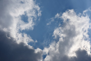 青空と雲「空想・雲のモンスターたち」何かを伝えたい、絆、絆を深める、お互いが顔を合わせる、見つめあうなどのイメージ