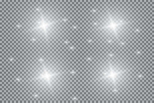 Set of golden glowing lights effects isolated on transparent background. Sun flash with rays and spotlight. Glow light effect. Star burst with sparkles.