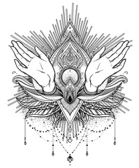 Fototapeta premium Vector ornamental Lotus flower and praying hands, patterned Indian paisley. Inticate illustration. Invitation element. Tattoo, astrology, alchemy, boho and magic symbol.