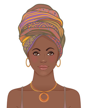 recommend clip art: Portrait of beautiful African woman in turban. Tribal style fashion.