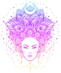 Tribal Fusion Boho Diva. Beautiful Asian divine girl with ornate crown, kokoshnik inspired. Bohemian goddess. Hand drawn elegant illustration.