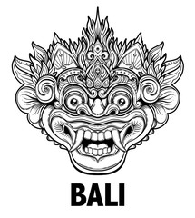Barong. Traditional ritual Balinese mask. Vector decorative ornate outline illustration isolated. Hindu ethnic symbol, tattoo art, yoga, Bali spiritual design