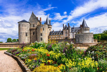 Beautiful Castles of Loire valley - great Sully-sur-Loire. Landmarks of France - obrazy, fototapety, plakaty