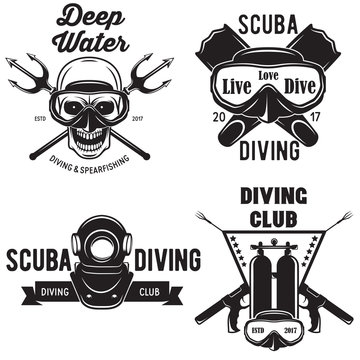 Set of Scuba diving club and diving school badges with design elements. Vector illustration. Concept for shirt or logo, print, stamp or tee.
