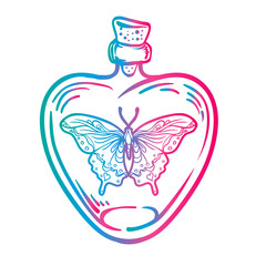 Butterfly in a heart-shaped bottle. Hand drawn engraving style illustration. Vector gradient illustration. Tattoo template. Trendy hand drawn tribal symbol collection.