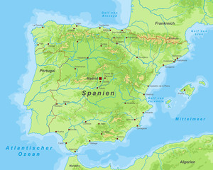 Spanien - Landkarte mit Höhenschichten
