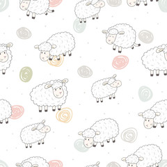 Naklejka premium Cute seamless pattern with funny sheep. vector illustration