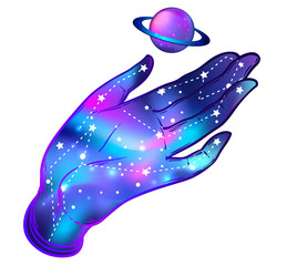 Open hand with galaxy inside holding Saturn planet. Hand drawn illustration. Occult design vector illustration. Tattoo flash design. Vector isolated on white. Astrology, Sacred Spirit.