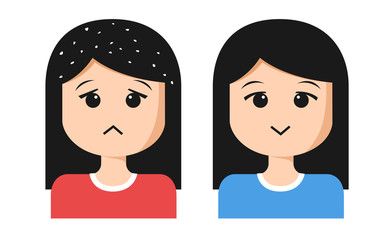 women cartoon with dandruff on hair