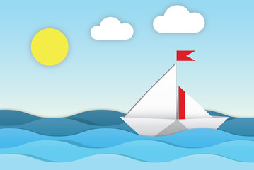 Naklejka premium The paper boat with a flag floats among the waves
