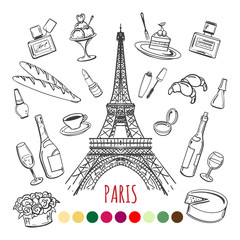 Paris coloring page with color swatches, vector illustration