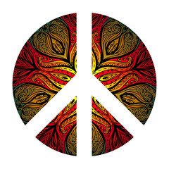 Peace Hippie Symbol over decorative ornate background.  Freedom, spirituality, occultism, textiles art. Vector illustration for t-shirt print.