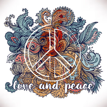 Peace Hippie Symbol over decorative ornate background.  Freedom, spirituality, occultism, textiles art. Vector illustration for t-shirt print.
