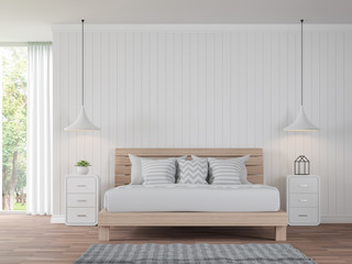 Modern white bedroom vintage Style 3d rendering image.There are wood floor decorate wall with white wooden plank .There are large windows look out to see the nature