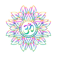 Diwali Om symbol with mandala . Round Pattern. Vintage style decorative vector elements. Hand drawn background. Indian, Great design for tattoo, yoga studio, spirituality. - obrazy, fototapety, plakaty