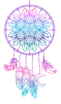 Hand drawn Native American Indian talisman dreamcatcher with feathers and moon. Vector hipster illustration isolated on white. Ethnic design, boho chic, tribal symbol.