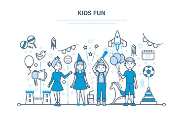 Children party indoor. Happy kids, play, have fun. Solemn celebration.