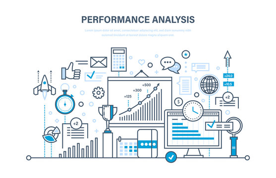 Performance analysis. Market research group, research, statistic, information exchange, calculations.