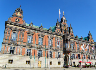 Fototapeta premium Impressive Malmo City Hall against Vivid Blue Sky, Malmo of Sweden 