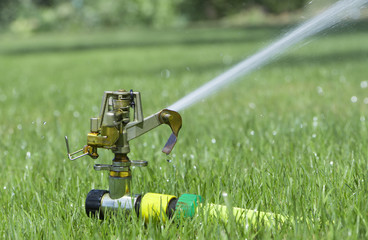 Automatic irrigation system on the background of green grass